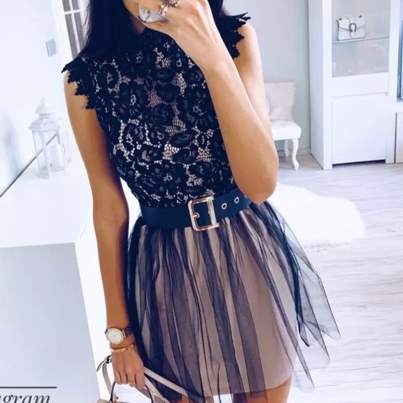 LaLa Lacey Tulle Overlay Skirt Mini Dress, Black - Picture 6 of 7